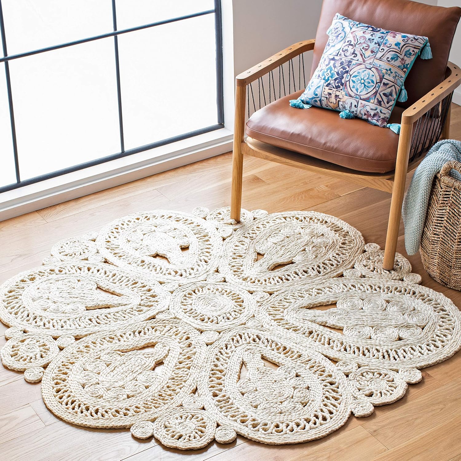 SAFAVIEH Natural Fiber Collection – Alfombra redonda de 3 pies, marfil, hecha a mano, estilo bohemio con encanto de yute, ideal para zonas de alto