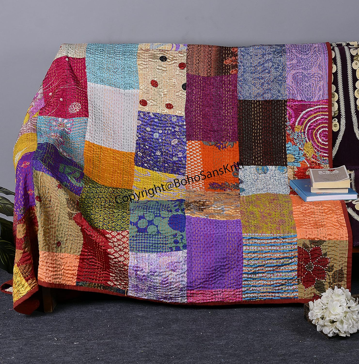 Colcha de seda india Kantha de retazos de seda tamaño Queen Twin Patola Colcha