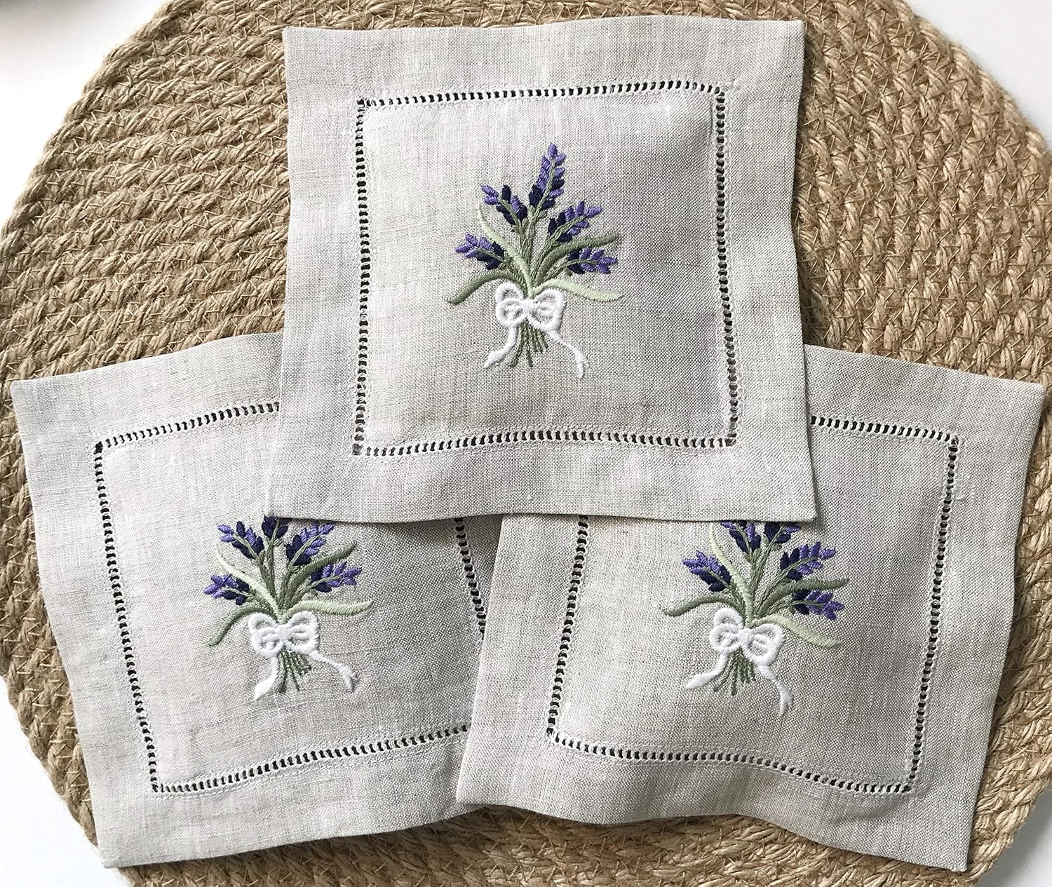 Minhcraft Bolsa de bolsita de lavanda bordada a mano de lino natural de 6 x 6 pulgadas, juego de 3