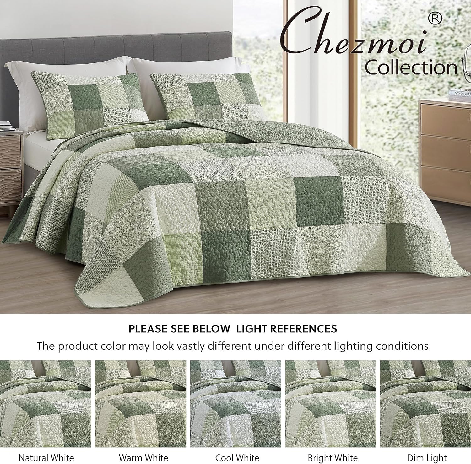 Chezmoi Collection Orna – Juego de edredón elegante de 2 piezas, colcha de parches florales verdes, colcha reversible ligera de algodón prelavado,