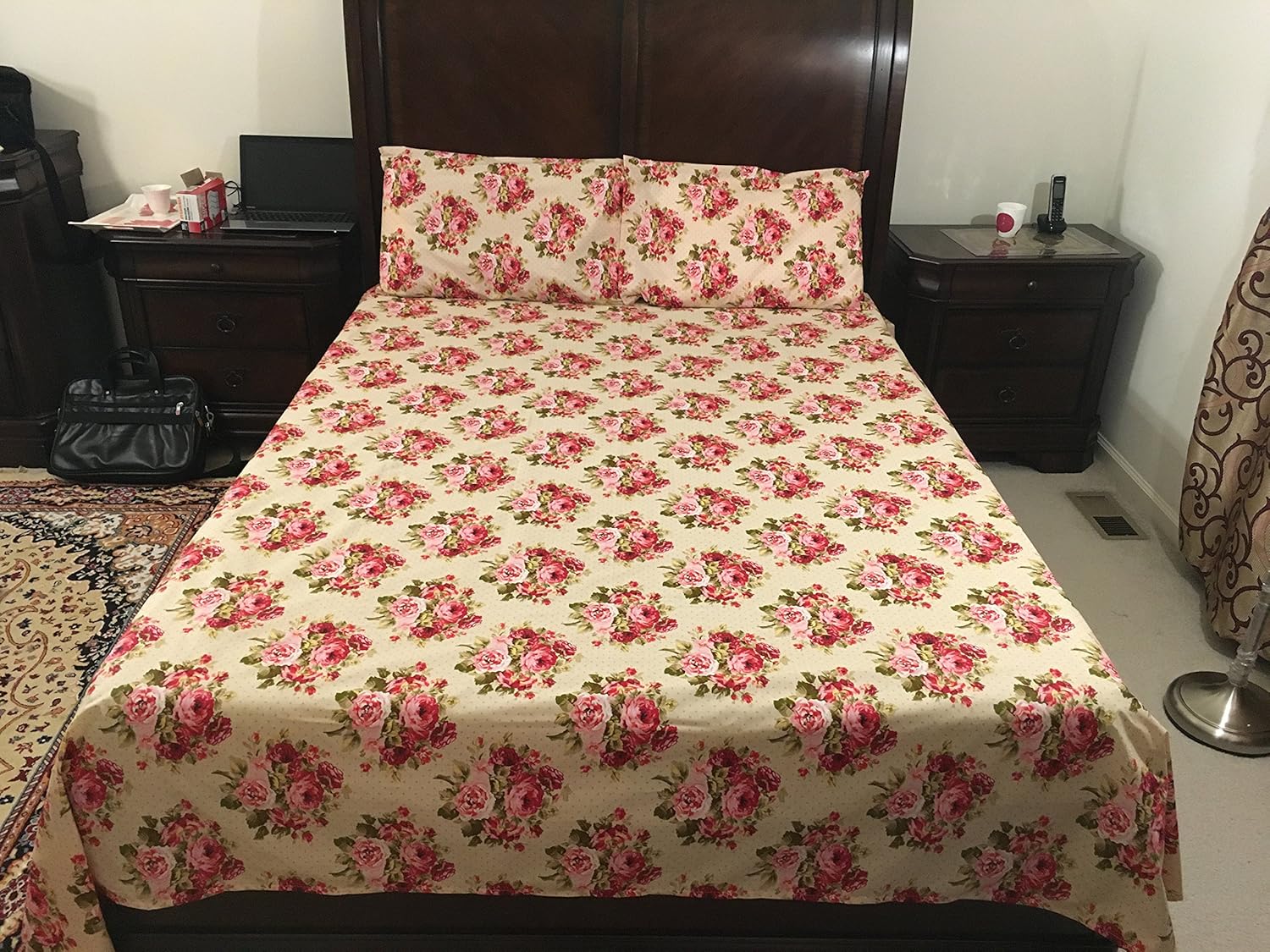 El juego de 4 sábanas de 500 hilos de polialgodón con estampado de rosas de lujo incluye 1 plano, 1 sábana bajera y 2 fundas de almohada, juego de