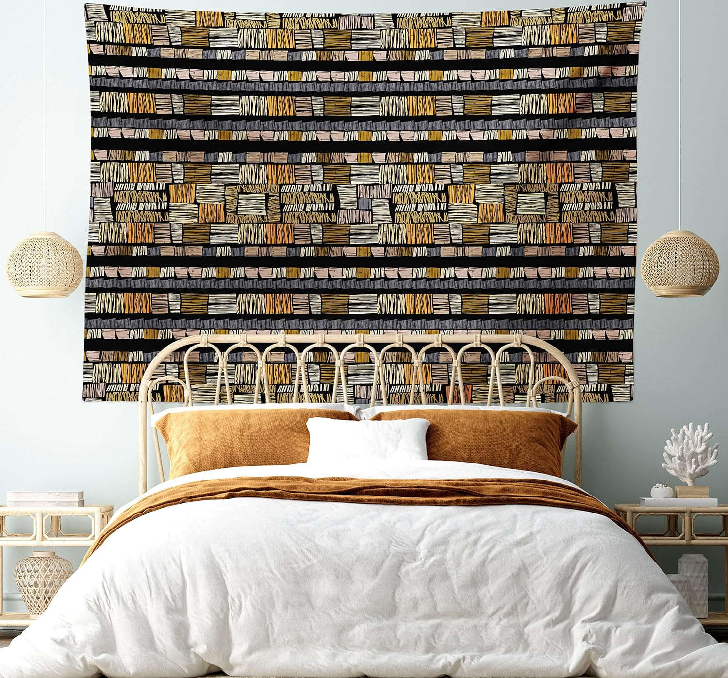 Ambesonne Tapiz africano, patrón tradicional dibujado a mano en estilo grunge, estampado a rayas, colgante de pared ancho para dormitorio, sala de