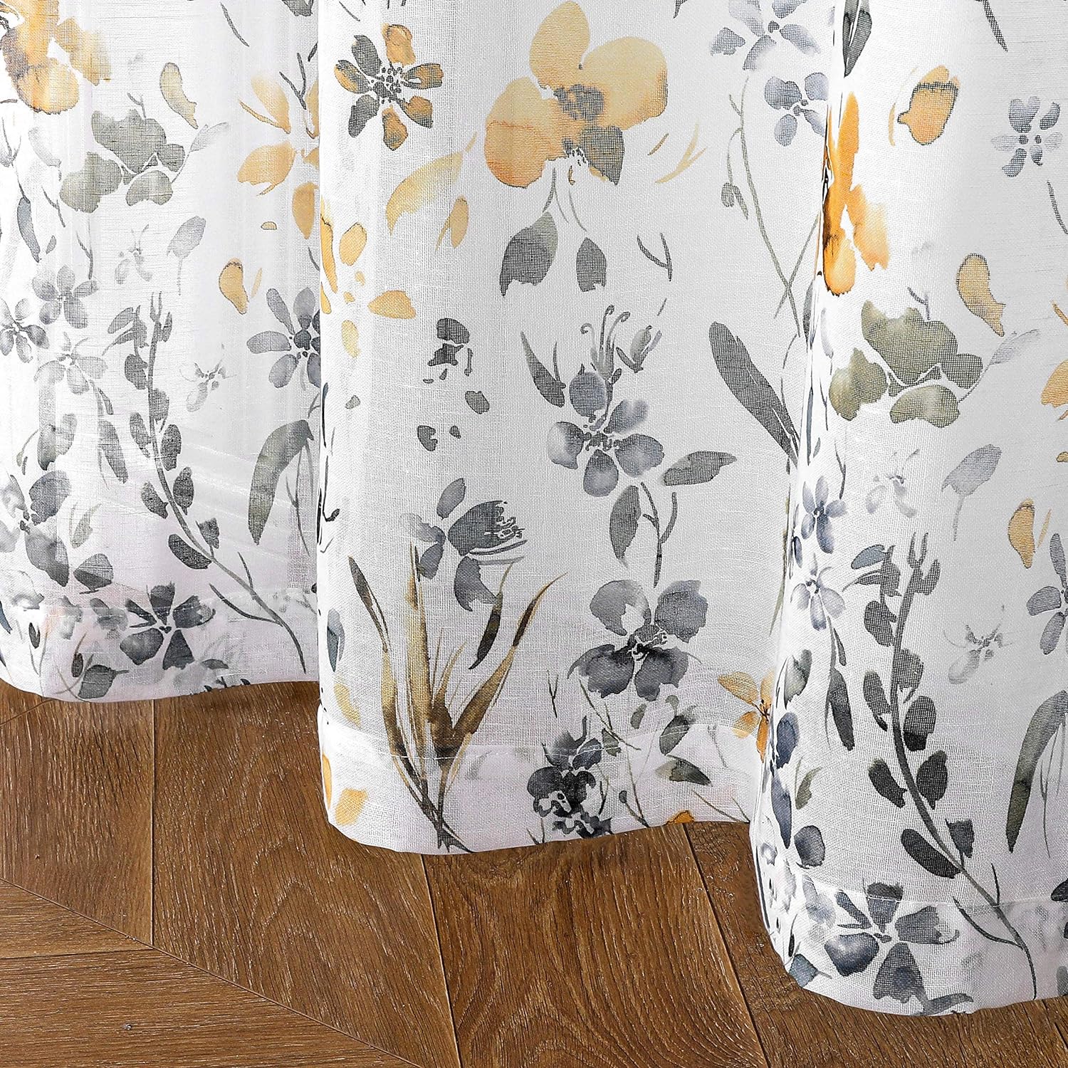 Fragrantex Cortinas traslúcidas de acuarela floral amarillo y gris, 84 pulgadas de largo para sala de estar, estampado botánico, tela texturizada de