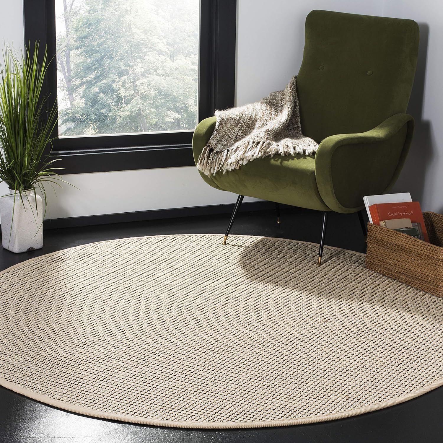 SAFAVIEH Natural Fiber Collection – Alfombra redonda de 6 pies, color negro y marfil, diseño de sisal de borde, fácil cuidado, ideal para zonas de