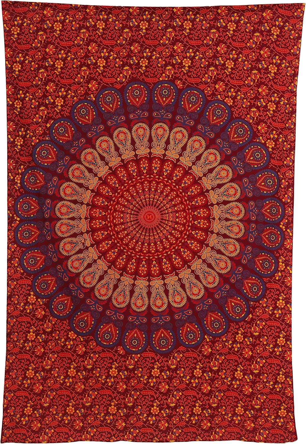 Tapiz hippie indio bohemio psicodélico dorado mandala de pavo real azul dorado para colgar en la pared (marrón dorado, granate, individual (54 x 72