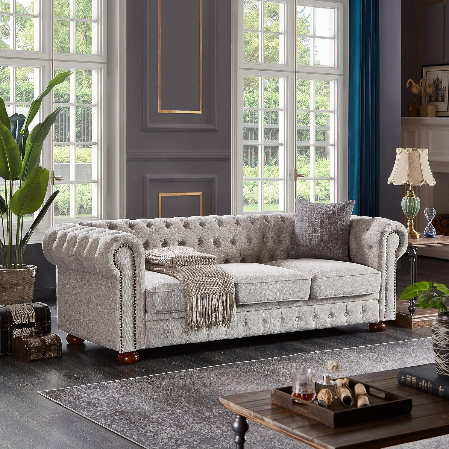 Lestar Sofá Chesterfield de 3 plazas de 88 pulgadas con decoración de uñas en tela de lino, cómodos sofás para sala de estar (gris claro)