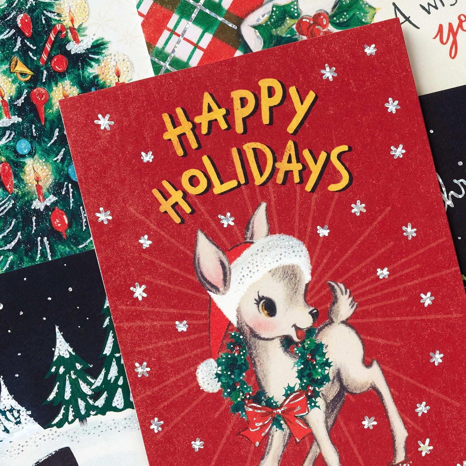 Hallmark Surtido de tarjetas navideñas vintage (36 tarjetas y sobres) Papá Noel retro, trenes de juguete, muñecos de nieve, árboles