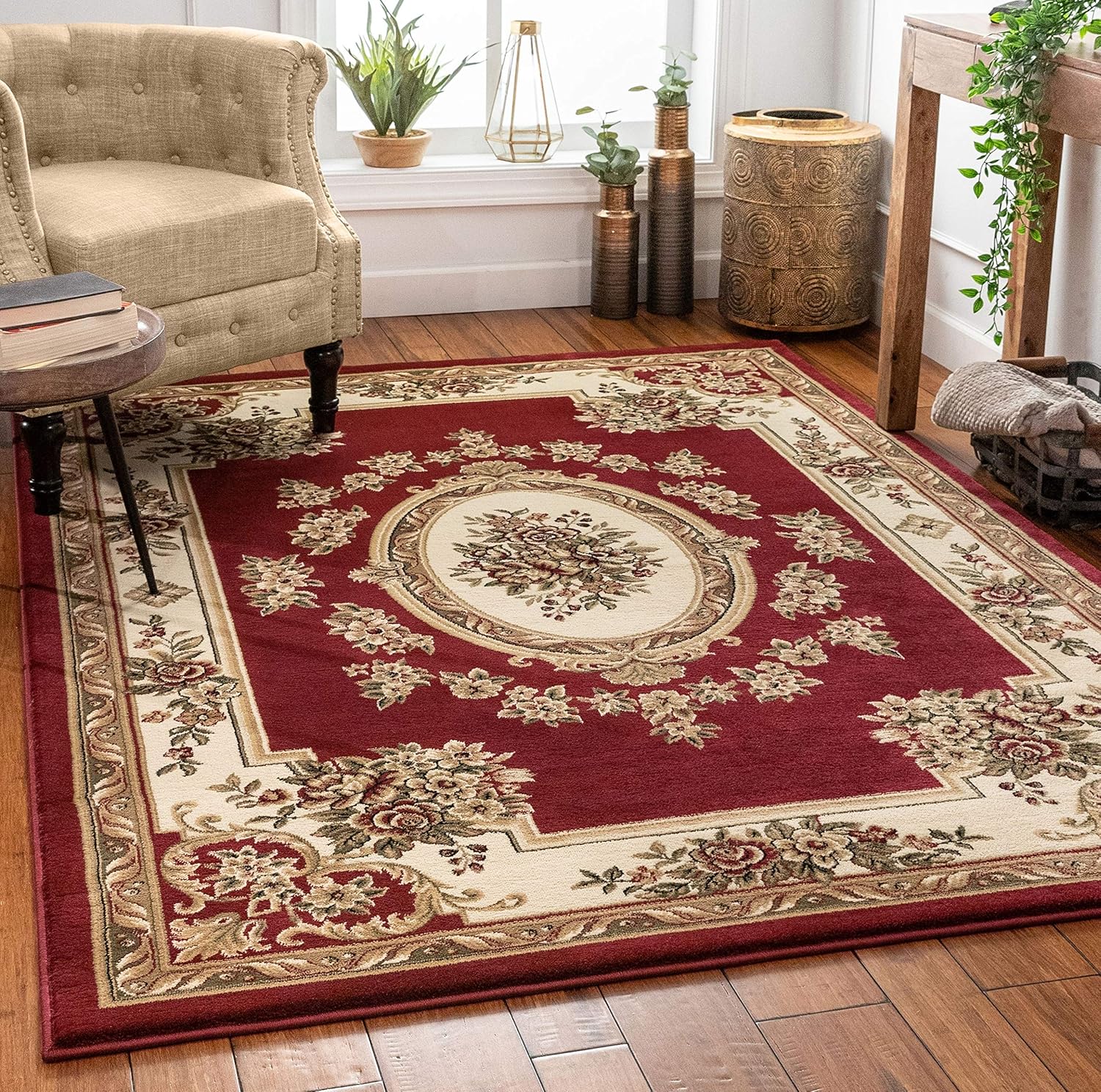 Alfombra de pastoral con medallón de tejido suave y grueso, estilo europeo, con diseño floral y tradicional, fácil de limpiar, moderna, clásica,