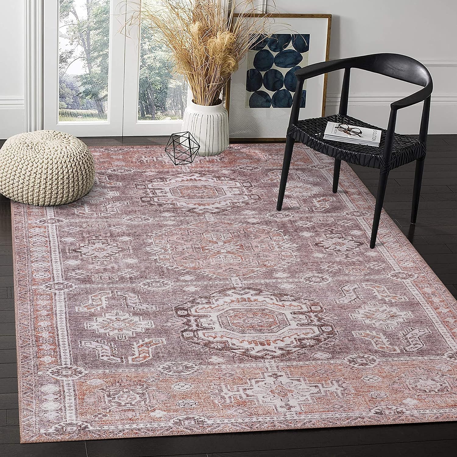 Adiva Rugs Alfombra cuadrada lavable a máquina de 5 x 5 pies con parte trasera antideslizante para sala de estar, dormitorio, cuarto de baño,