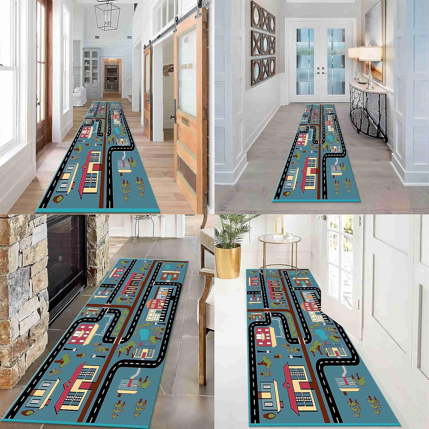 Alfombra de pasillo con vista a la ciudad, 1.3 x 7 pies, mapa de tráfico de la ciudad de dibujos animados, casas, carreteras, pistas de automóvil,