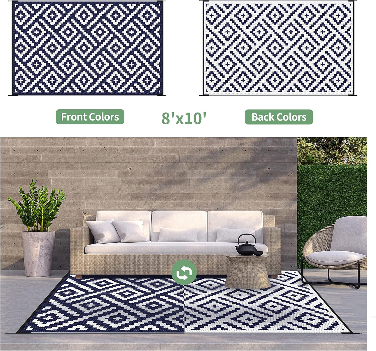 GENIMO – Tapetes de exterior de 8 x 10 pies, impermeables, reversibles, tapete de paja de plástico, geométrico, para patio, campamento, caravana,