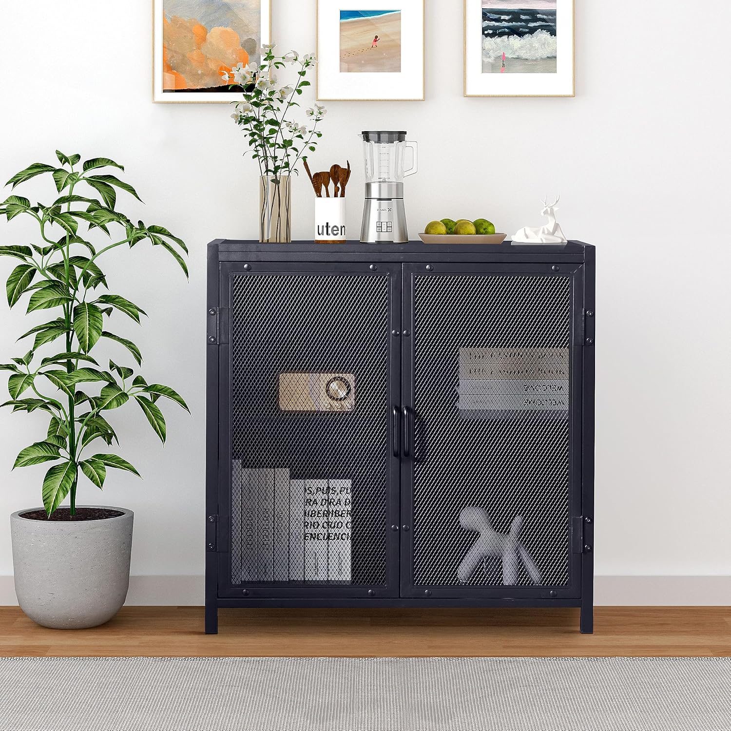 Gabinete de buffet, gabinete de almacenamiento de buffet moderno con puertas de rejilla de hierro y escritorio de madera, aparador independiente