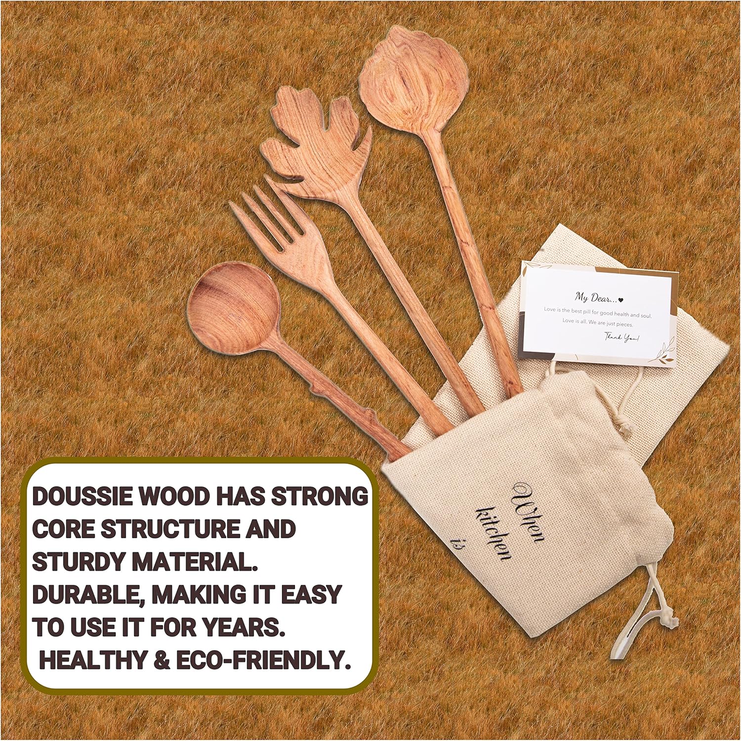 BVicHair Juego de 4 cucharas y tenedores de madera, juego de cucharas de ensalada de madera, regalos de amas de casa reales, regalos de cocina para
