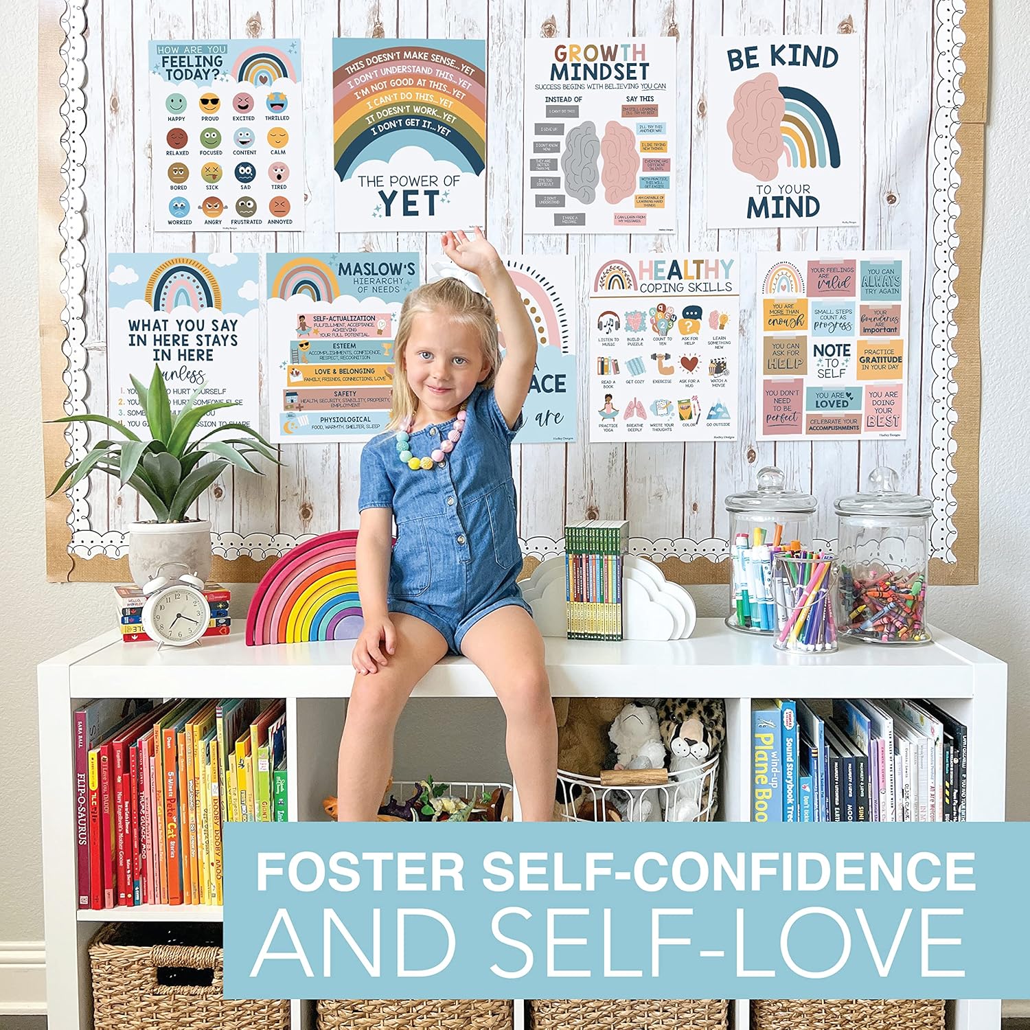 9 pósteres bohemios de salud mental arcoíris para aula primaria, 6 carteles de diversidad para decoración de aula para profesores, rincón tranquilo,