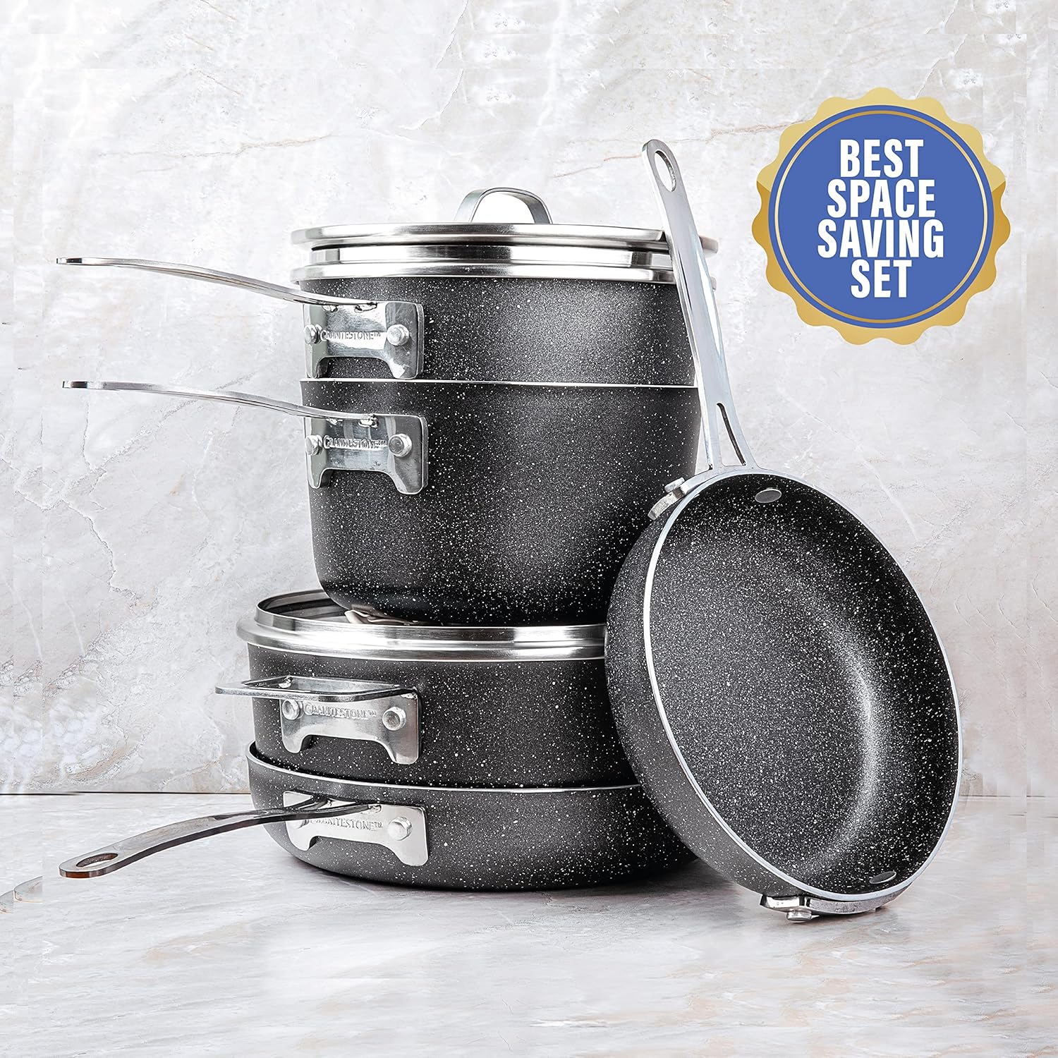 Granitestone Juego de ollas y sartenes apilables antiadherentes, 10 piezas que ahorran espacio, juego completo de utensilios de cocina con
