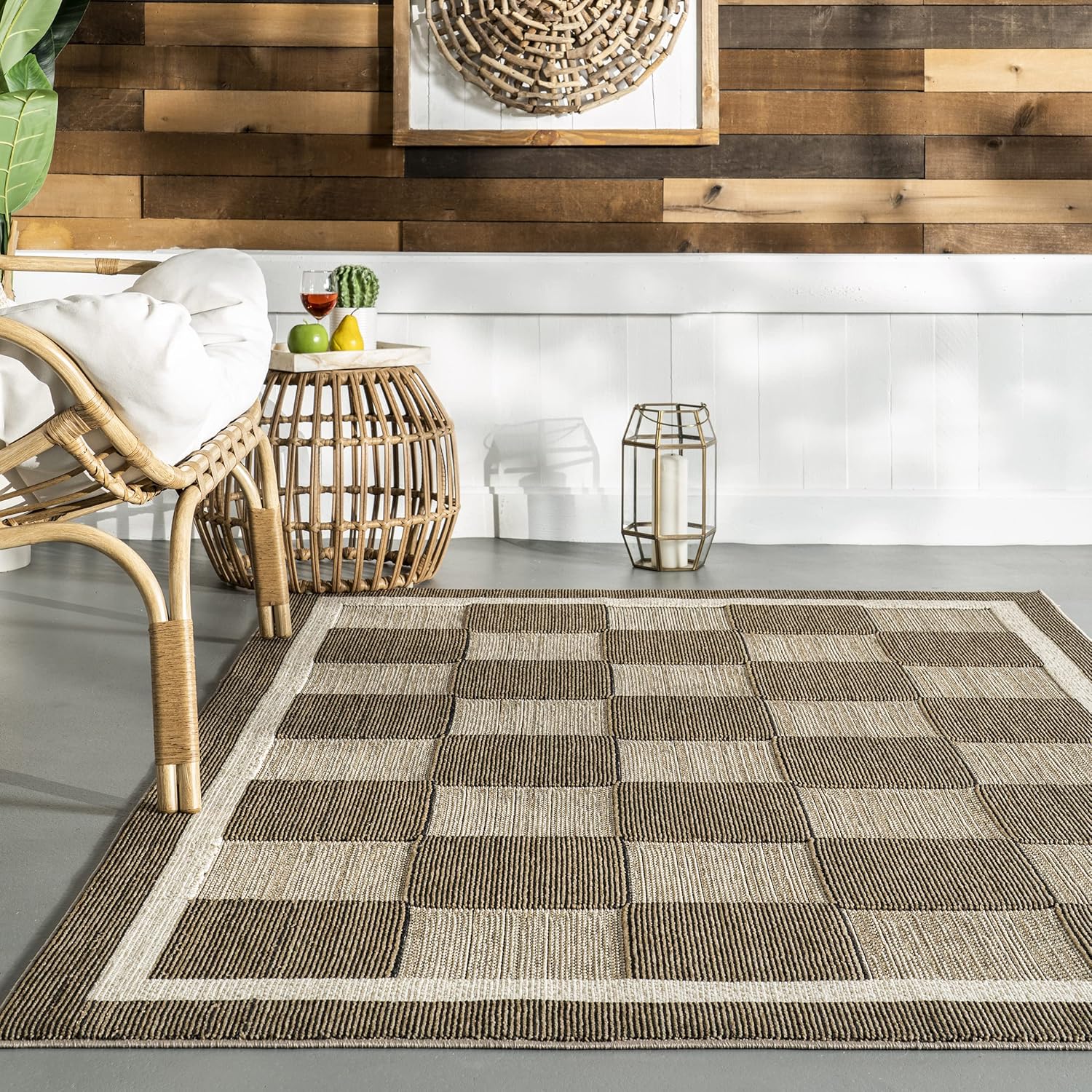 nuLOOM Lavonia – Alfombra a cuadros para interiores y exteriores, 6 pies 7 pulgadas x 9 pies, color beige