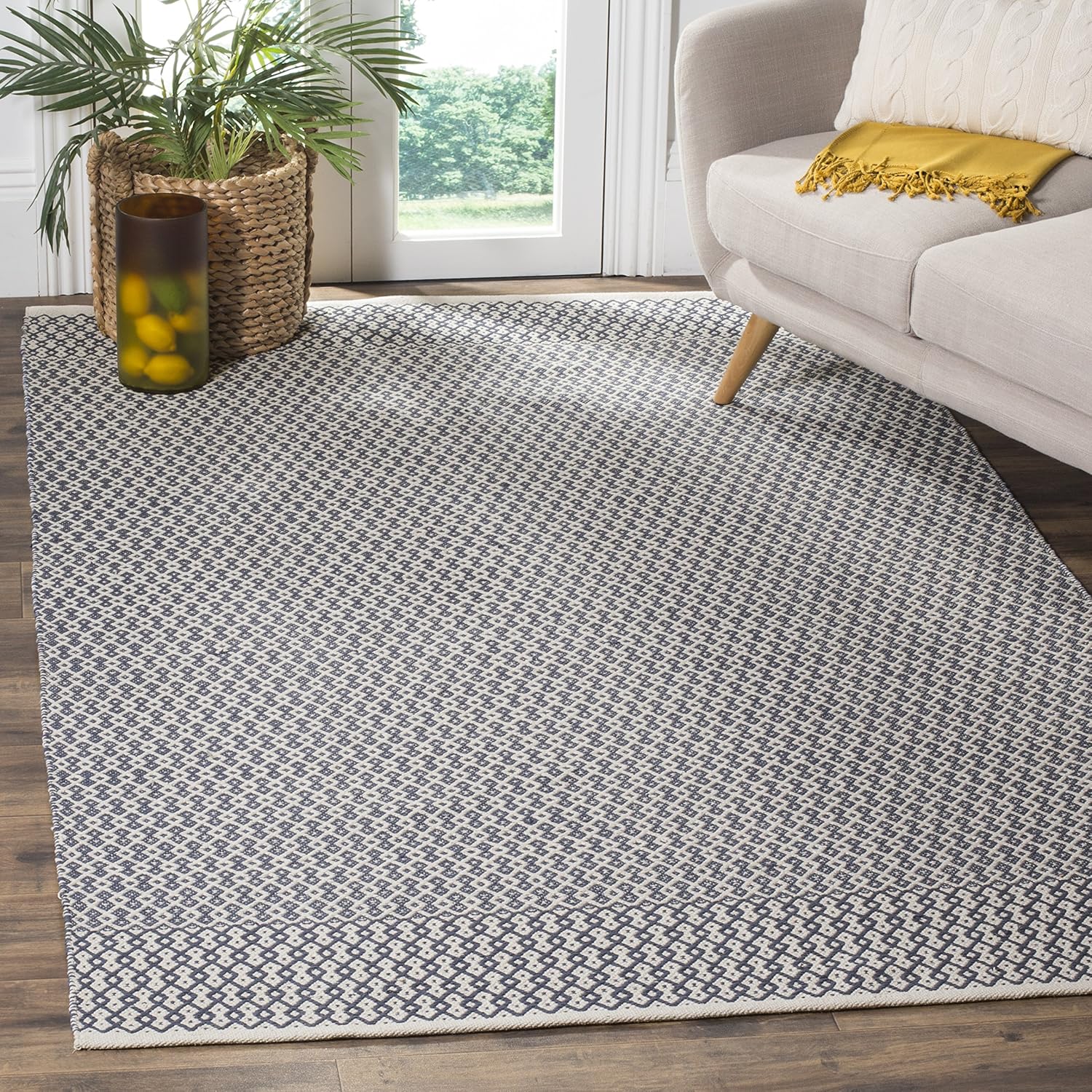SAFAVIEH Colección Montauk – Alfombra decorativa de 3 x 5 pies, color marfil y azul marino, tejido plano bohemio hecho a mano, de algodón, ideal