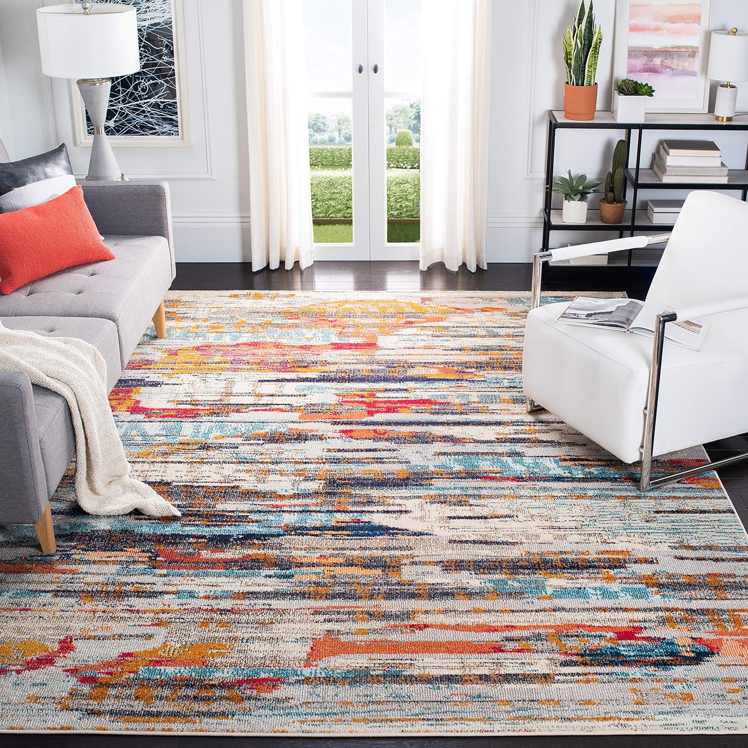 SAFAVIEH Madison Collection MAD419C – Alfombra cuadrada de 3 pies color marfilmulticolor, bohemio, abstracto, envejecido, no desprende pelusa, para