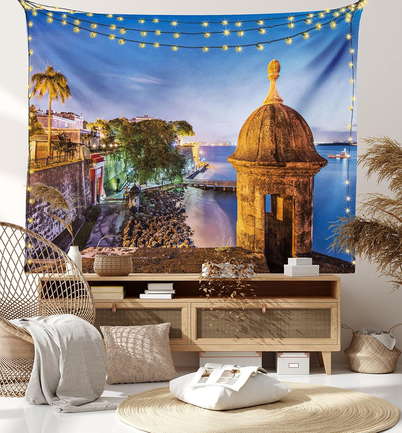 Lunarable Tapiz de Puerto Rico, Coast at Paseo de la Princesa estilo retro con elementos arquitectónicos, decoración de tela para colgar en la pared