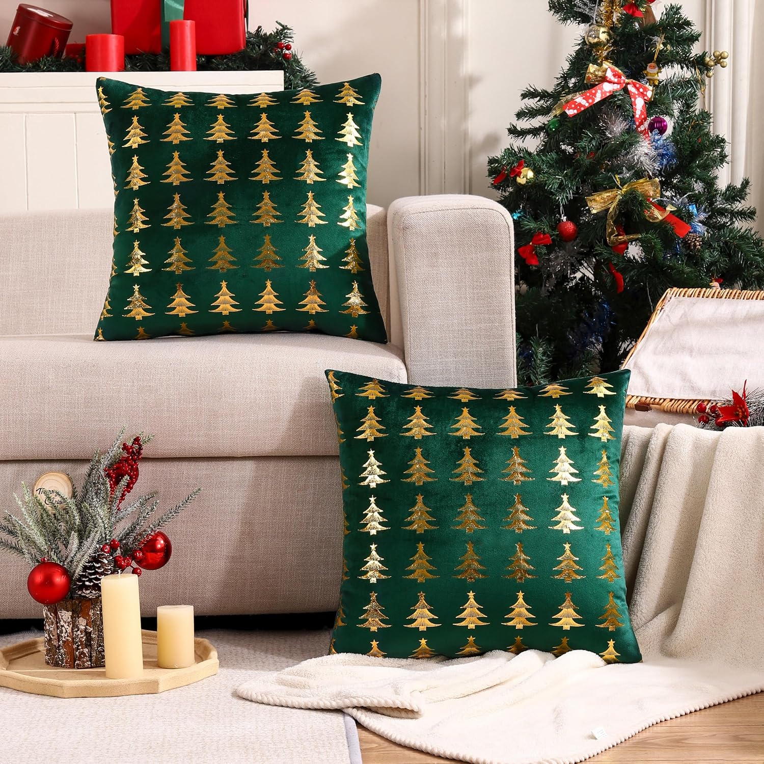 Juego de 2 fundas de almohada de Navidad de 12 x 20 pulgadas, juego de 2 fundas de almohada de terciopelo verde de Navidad, decoraciones de fiesta