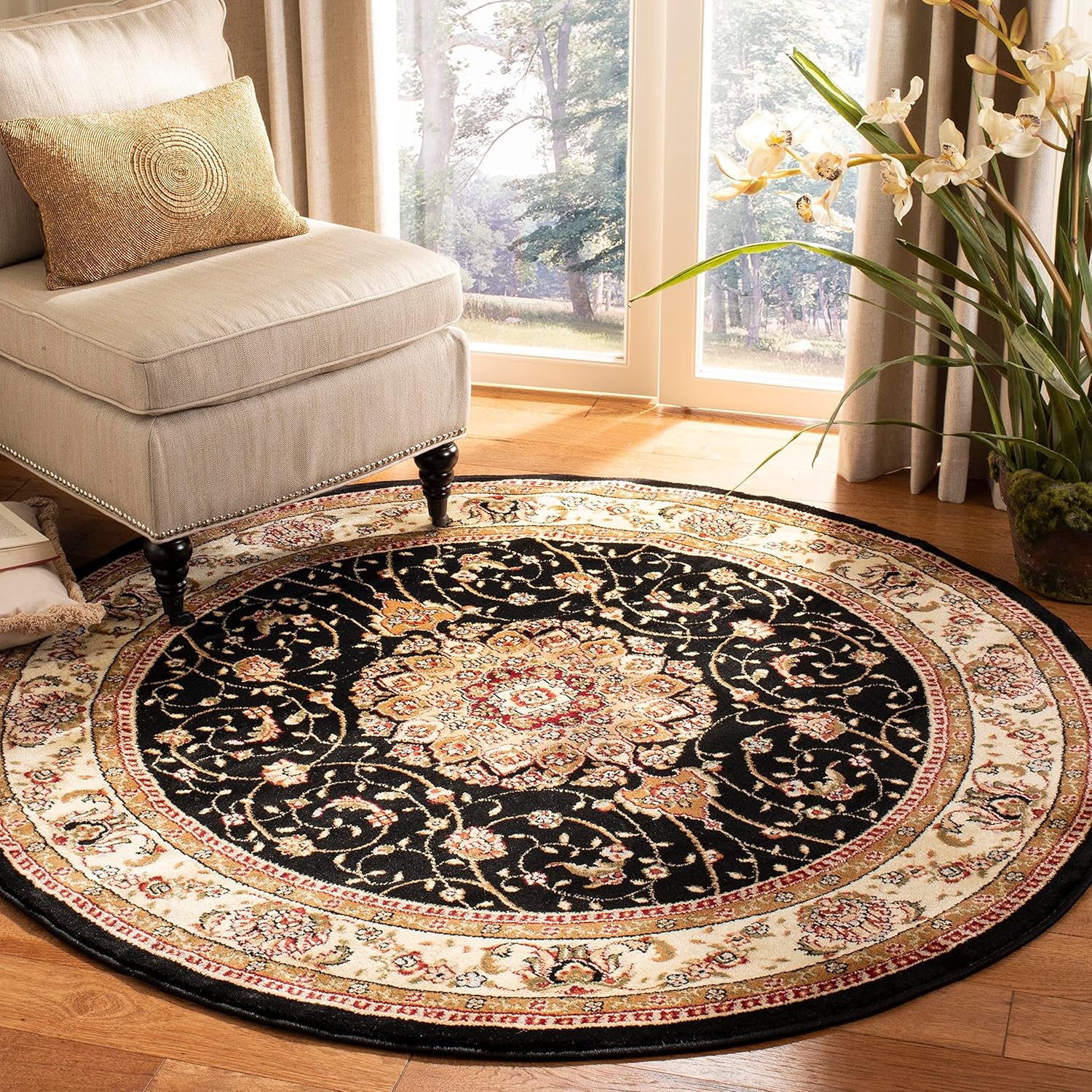 Safavieh colección Lyndhurst LNH329A, tapete tradicional alargado Medallion color negro y marfil, de 2’3″ x 12′., Polipropileno, NegroMarfil