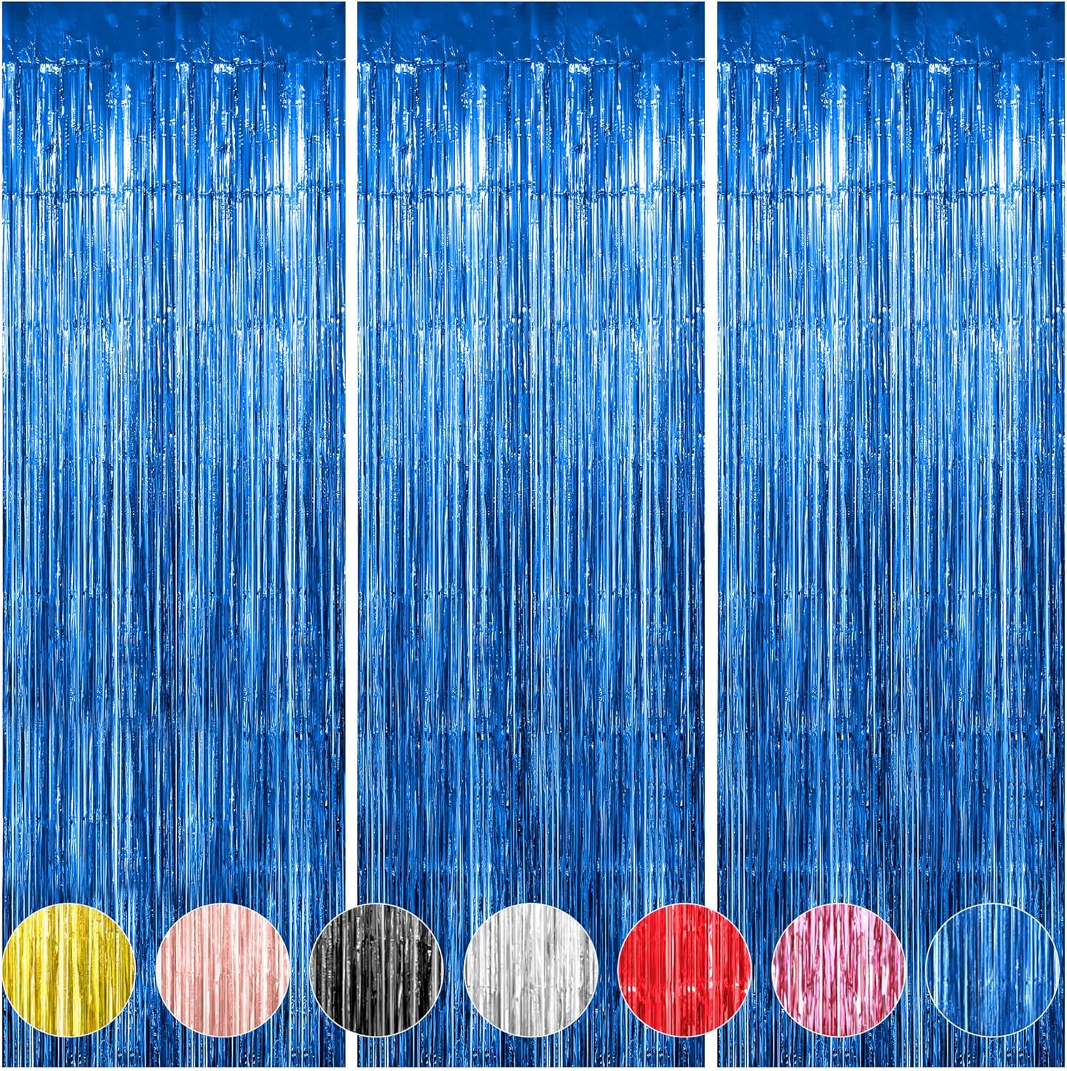 Cortinas de fondo de flecos de papel de aluminio azul, paquete de 3 unidades de 3.3 x 9.9 pies, cortina de oropel azul, decoración de fiesta, telón
