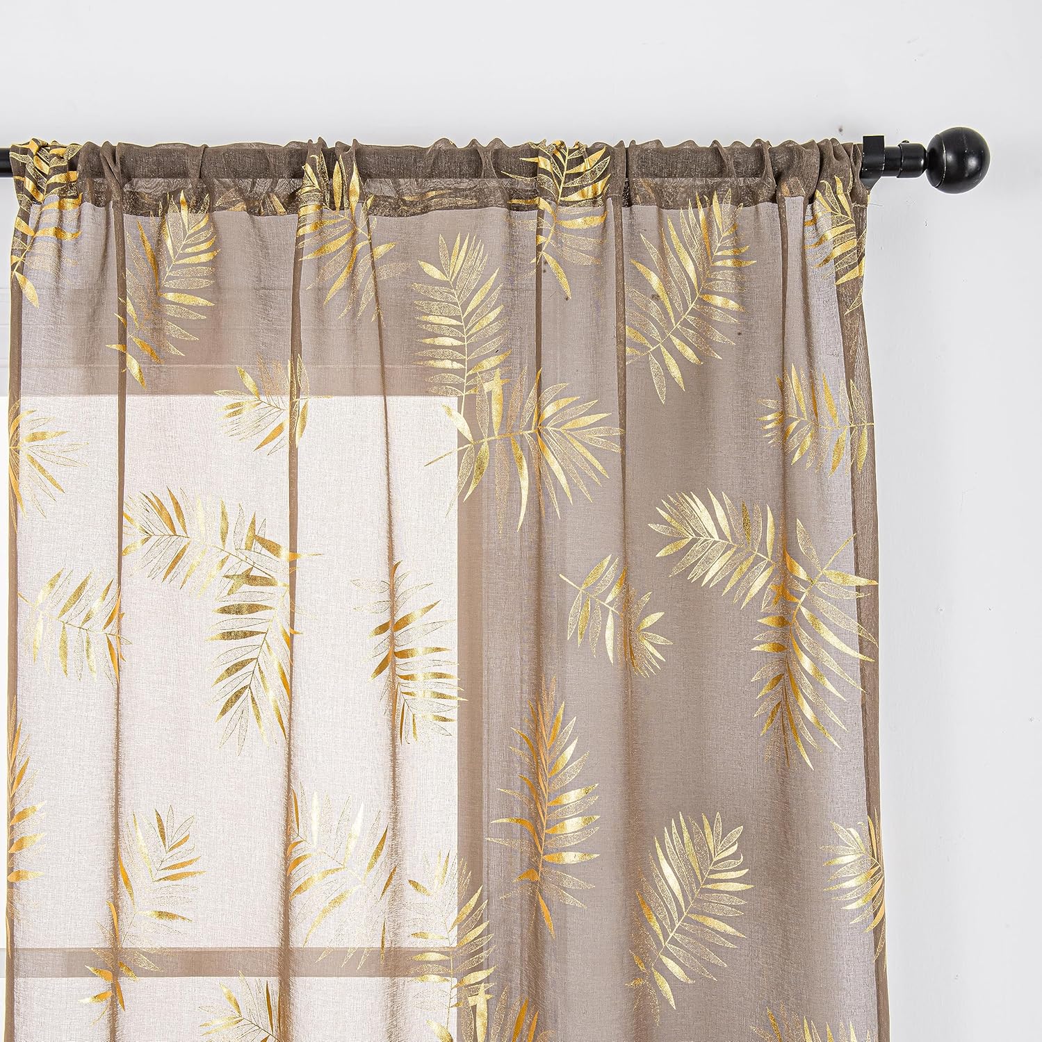 Sutuo Home Juego de 2 paneles de cortinas traslúcidas color gris pardo de 84 pulgadas de largo, hojas tropicales bronceadas metálicas, cortinas de