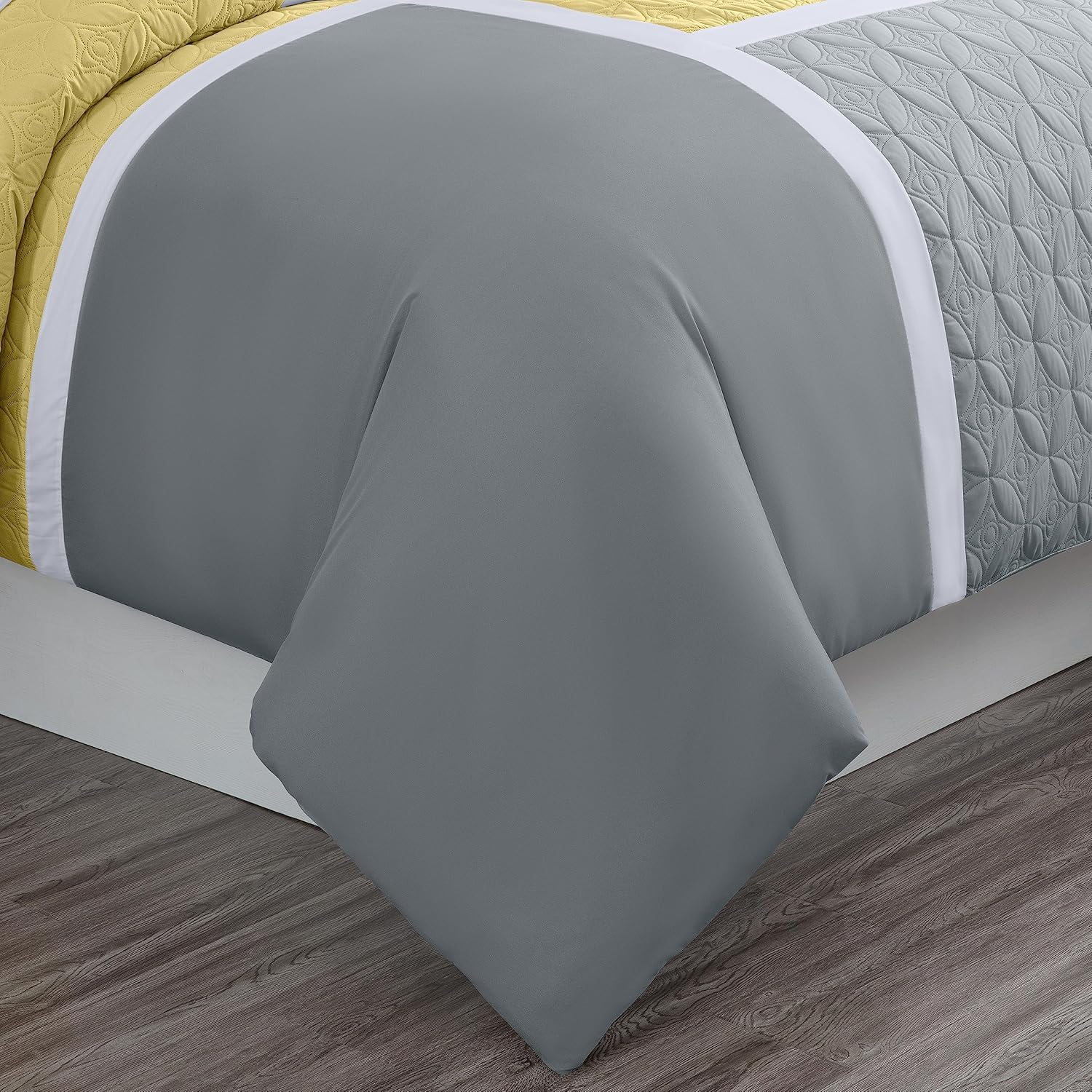Chezmoi Collection Bernard – Juego de edredón tamaño Queen de 7 piezas con sábanas, edredón ligero, color amarillo, gris carbón, medallón acolchado,