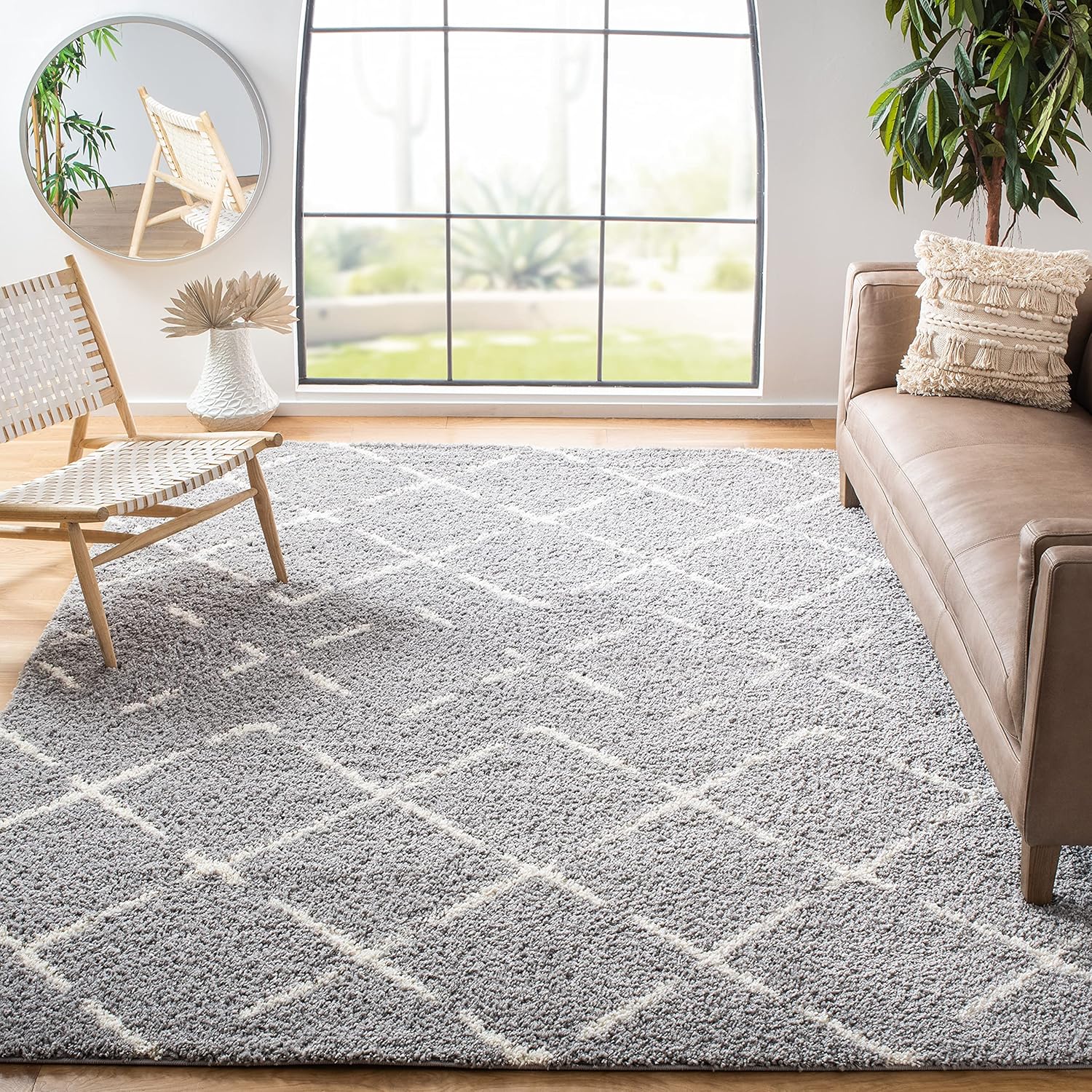 SAFAVIEH Arizona Shag Collection – Alfombra de área, 10 x 14 pies, diseño de diamante marroquí, color gris y marfil, no desprende pelusa y de fácil