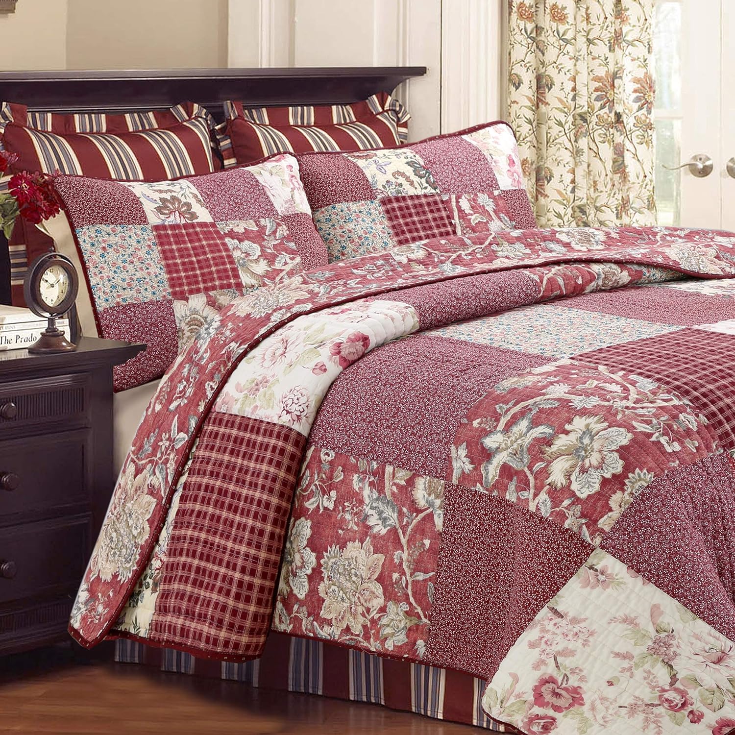 Cozy Line Home Fashions Juego de ropa de cama reversible de 100% algodón, diseño de retazos rojos y flores a cuadros, colcha (jardín vintage, King,