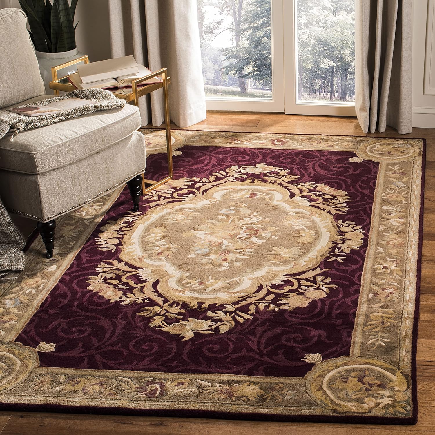 SAFAVIEH Empire Collection EM414A – Alfombra de lana tradicional europea, hecha a mano, 4 x 6 pies, color rojo oscuro y beige oscuro