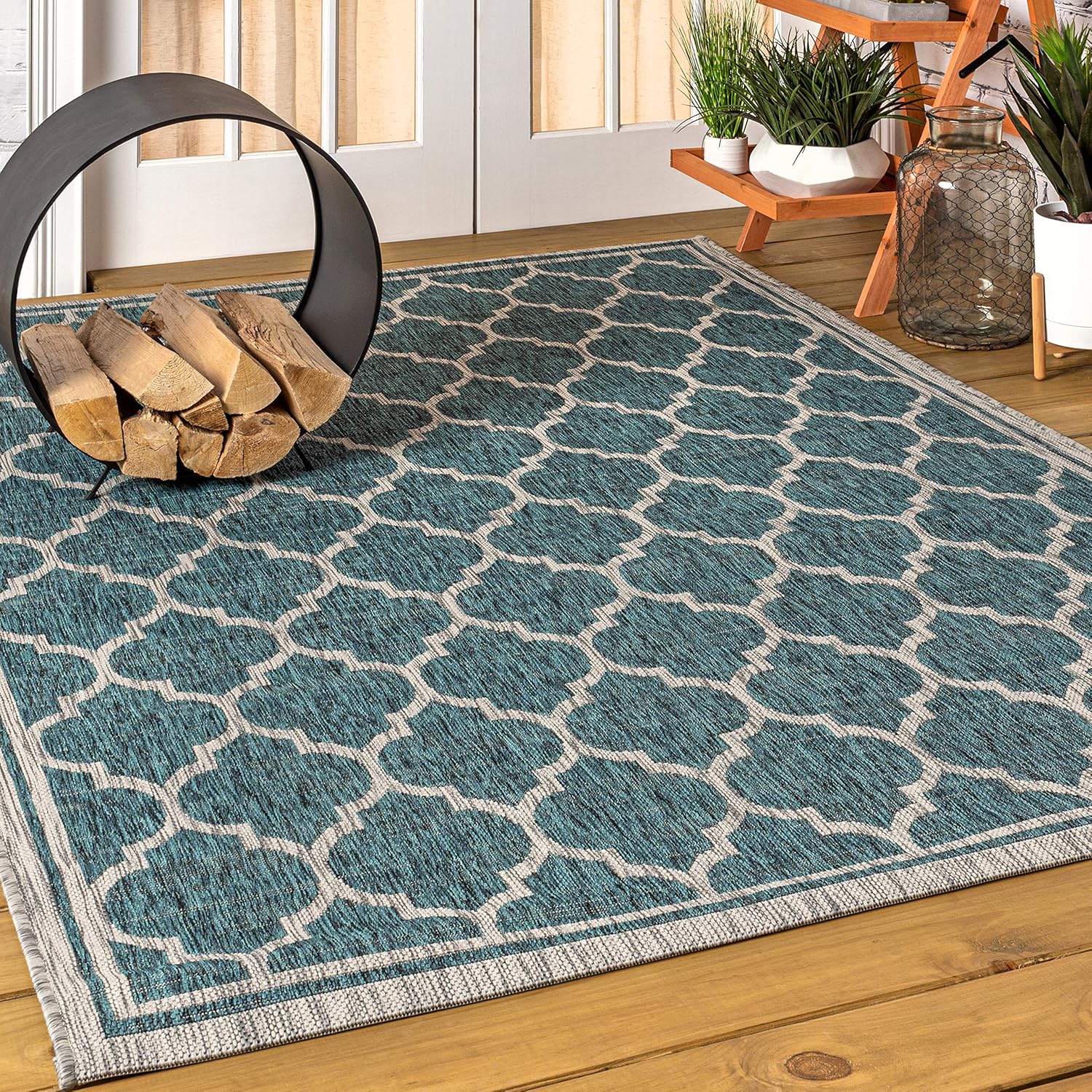 Alfombra tejida con textura y patrón enrejado en S marroquí en forma de trébol JONATHAN Y, para interioresexteriores, turquesagris, 5 x 8 pies
