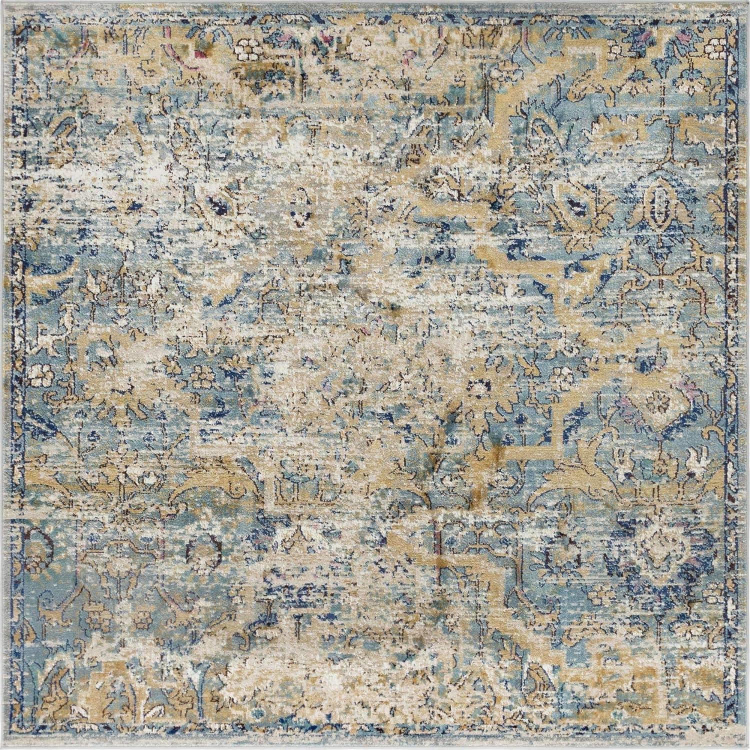 Unique Loom Augustus Collection Area Rug-Assisi, 7′ 0″ x 7′ 0″, Light BlueTan
