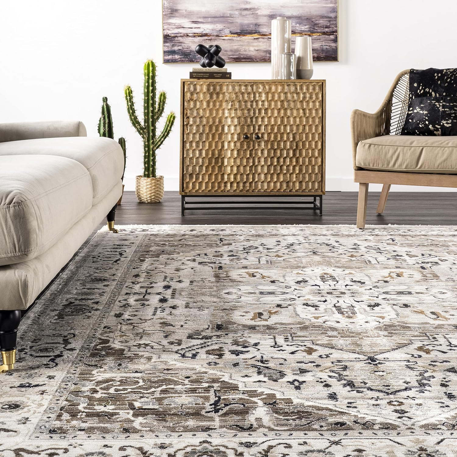 nuLOOM Oliveira – Alfombra de área con flecos y medallones florales, 4 x 6, color beige