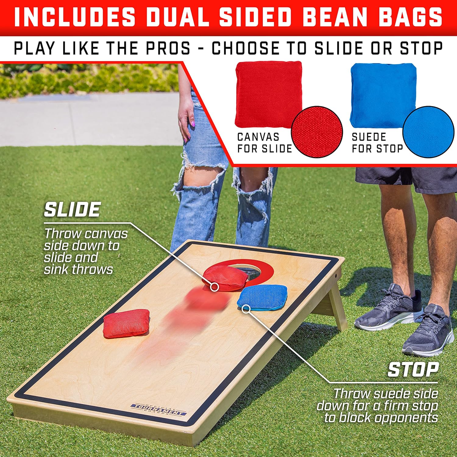 GoSports Tournament Edition – Juego de cornhole reglamentario  Tablas de madera de 4 x 2 pies con 8 bolsas de frijoles de doble cara (deslizantes y