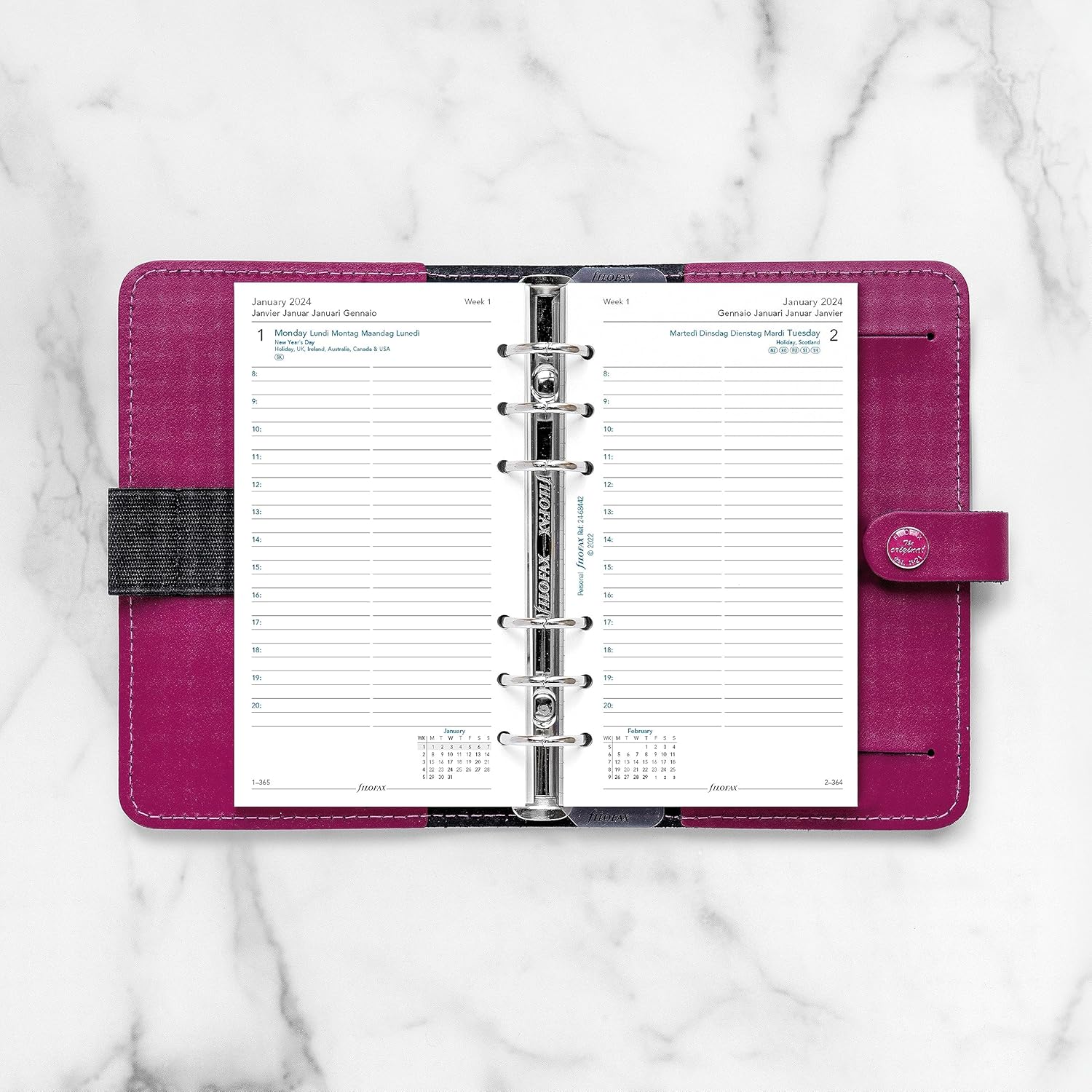 Filofax Calendario de recambio de diario, tamaño personalcompacto, día en una página con citas, a rayas, papel blanco, multilingüe cinco idiomas,