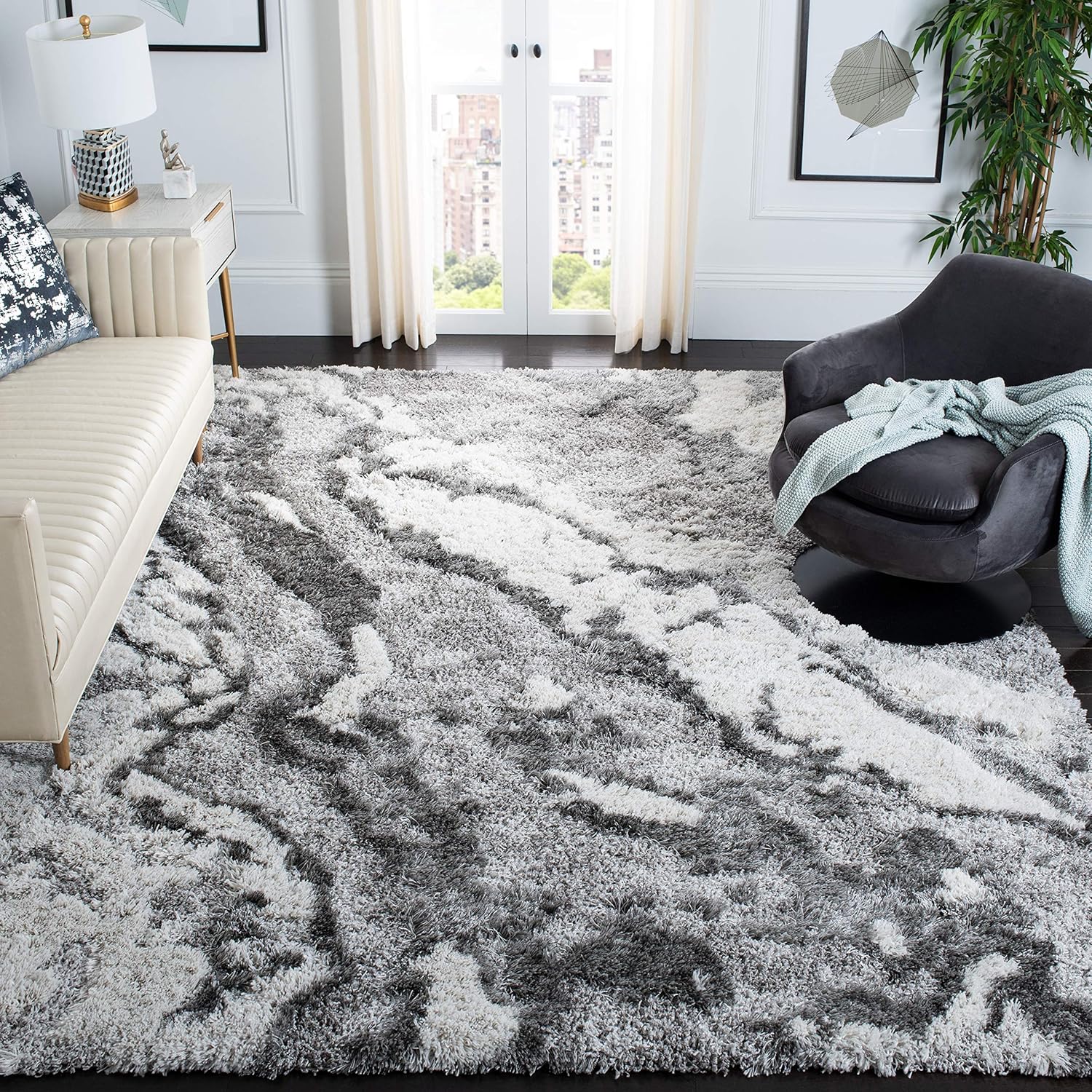 SAFAVIEH Horizon Shag Collection – Alfombra de área de 8 x 10 pies, color gris y marfil, diseño abstracto moderno, no desprende pelusa y de fácil