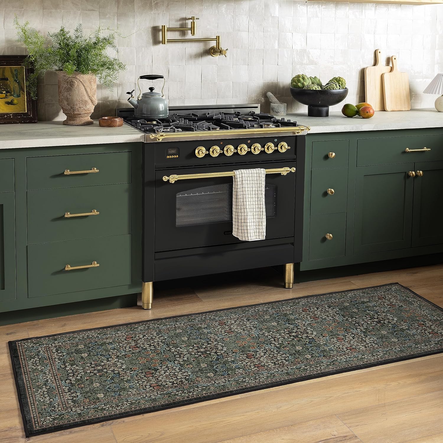 RUGGABLE x Morris & Co – Alfombra bohemia lavable perfecta para entrada, pasillo, cocina, antideslizante, apta para niños, resistente a las manchas