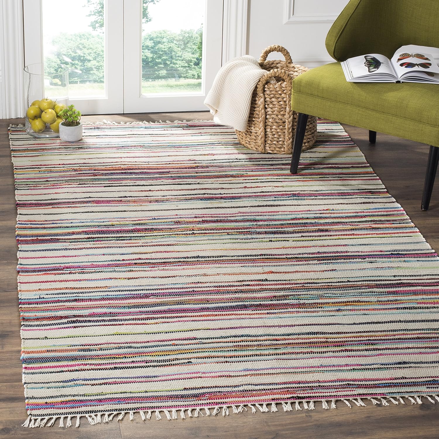 SAFAVIEH Rag Rug Collection – Alfombra de área de 5 x 8 pies, color marfil y multicolor, hecha a mano, de algodón a rayas, ideal para zonas de alto