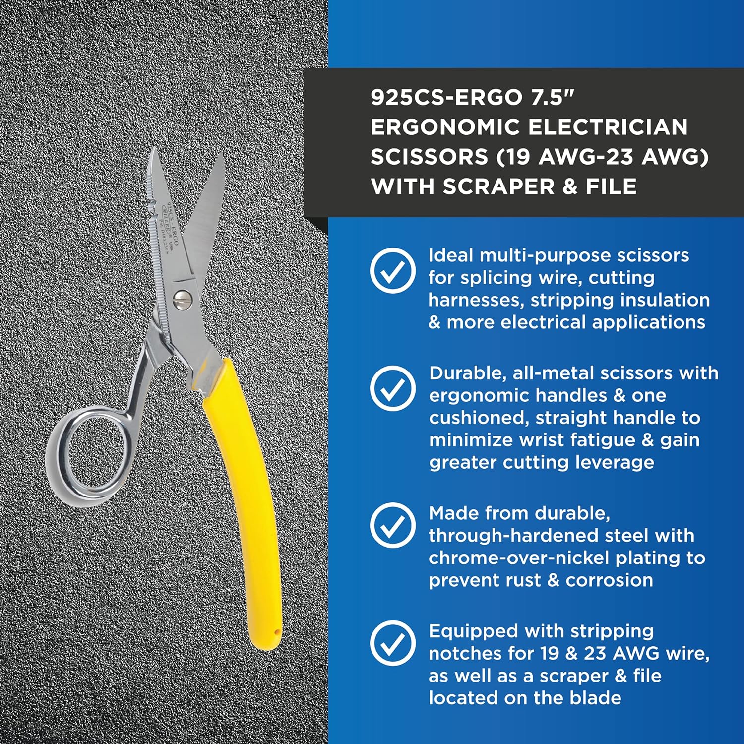 Miller 925CS-ERGO Tijeras ergonómicas de empalme de electricista de metal con raspador y archivo, tijeras de electricista fácilmente portátiles para