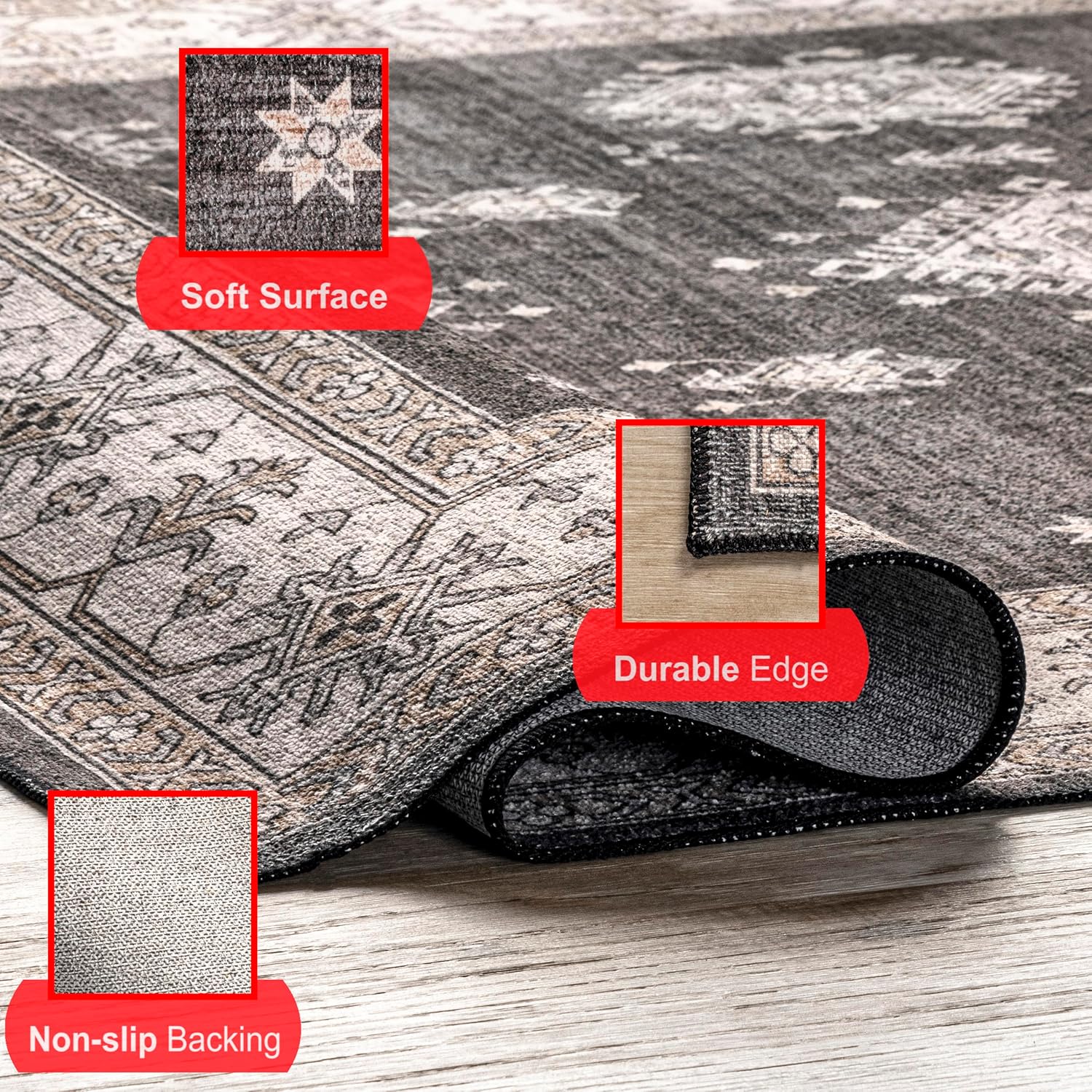 nuLOOM Mollie – Alfombra ultrafina con borde tradicional lavable a máquina, 6 pies, redonda, color carbón
