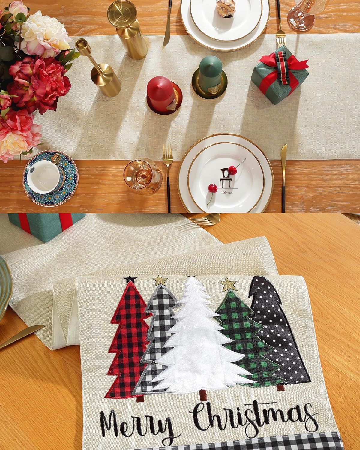 Camino de mesa de Navidad de 70 pulgadas de largo con bordado de búfalo a cuadros, patrón de árboles de Navidad de lino, decoración de Navidad para