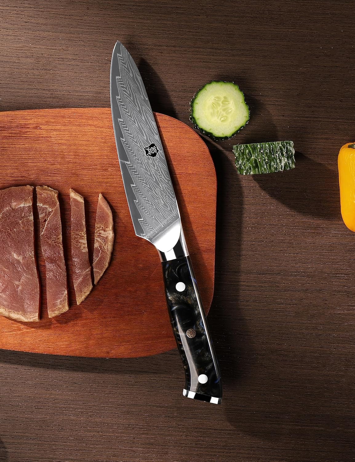 WILDMOK Cuchillo de cocina de 5 pulgadas, Damasco Japón VG-10, cuchillo de cocina de acero afilado, mango ergonómico de resina de color, caja de