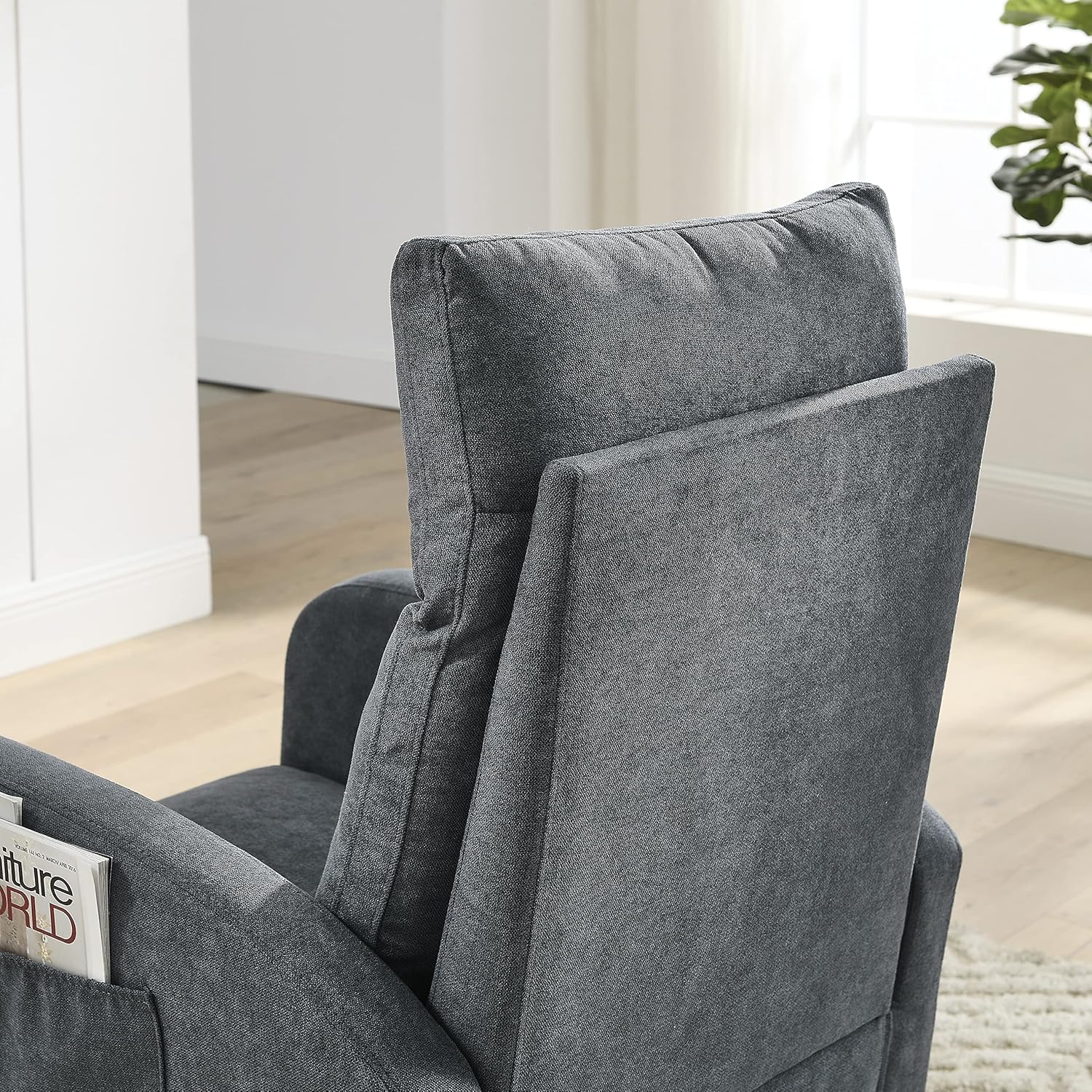 27.6 pulgadas de ancho, moderno acento mecedor, tapizado para habitación del bebé con respaldo alto y reposabrazos, cómodo sillón con dos bolsillos