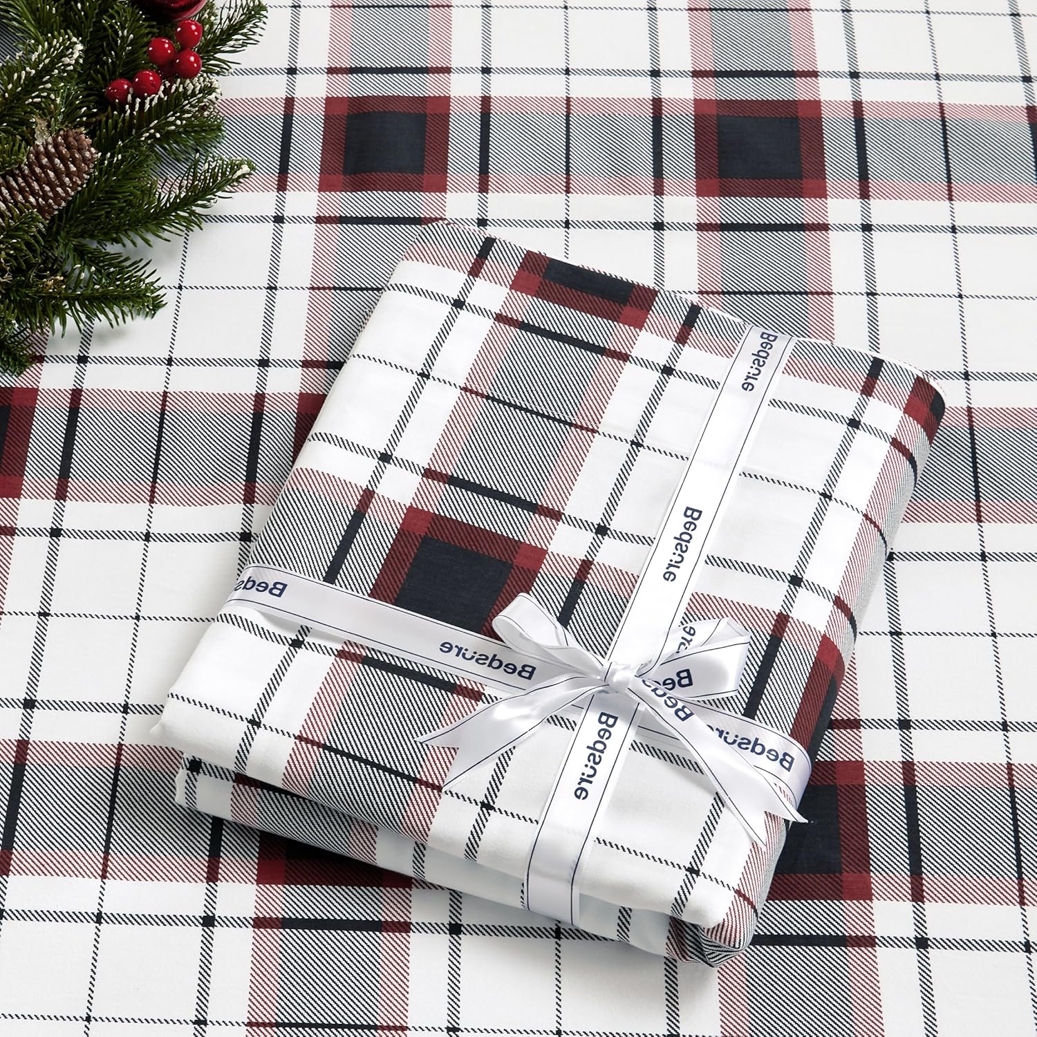 Bedsure Sábanas de franela cepillada tamaño Queen, sábanas 100% algodón para cama tamaño Queen, sábanas de Navidad suaves y cálidas, 4 sábanas y