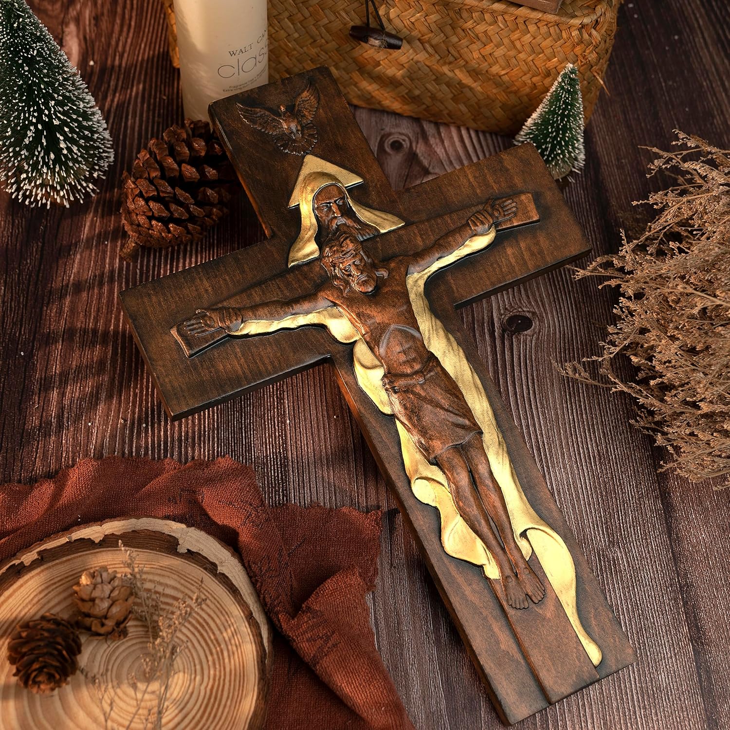 BGCOPPER Crucifijo de pared de crucifijo de la Santísima Trinidad, cruz de Cristo Jesús para pared con gancho, cruz de madera hecha a mano para