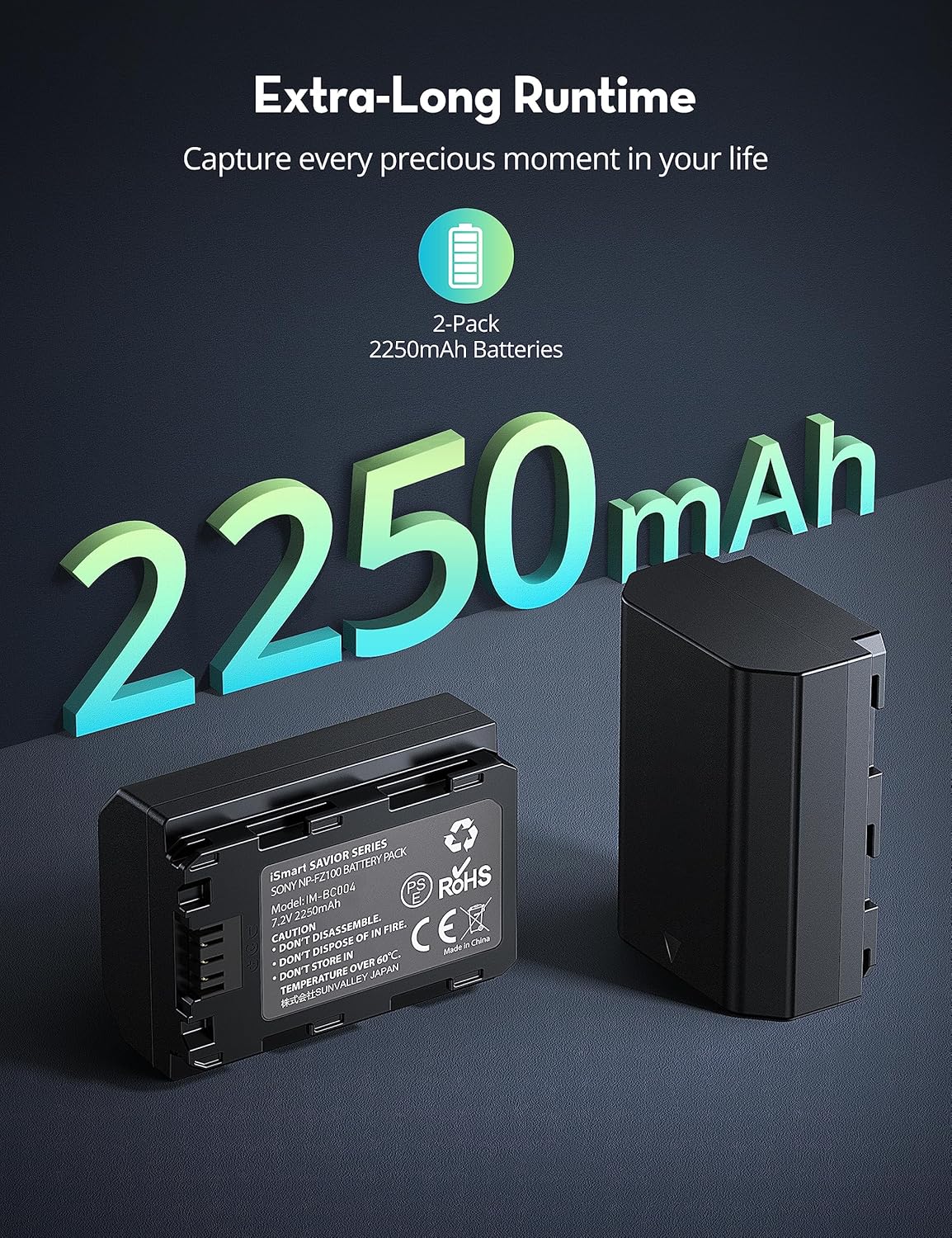 Batería de cámara NP-FZ100, paquete de 2 cargadores de batería de repuesto de 2250 mAh compatibles con Sony A7iii, A7R V, Alpha A7C, A7R III, A7R