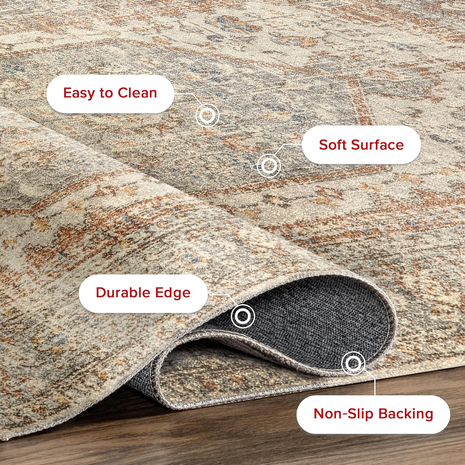 nuLOOM Rain Haven – Alfombra vintage lavable a máquina, 8 redondas, lavables a máquina, alfombra de transición gris claro  marfil para sala de