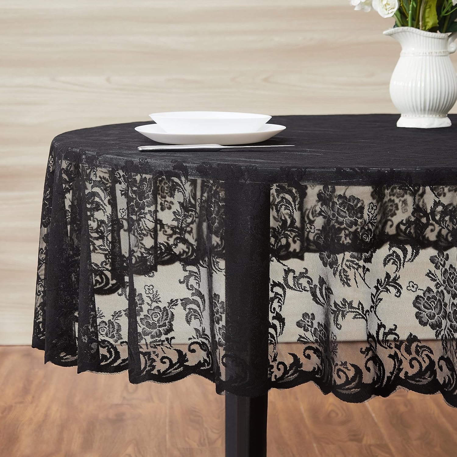 WARM HOME DESIGNS Mantel para el Día de la Madre. Mantel redondo negro de 70 pulgadas. Elegante mantel de encaje para mesas redondas con diseño
