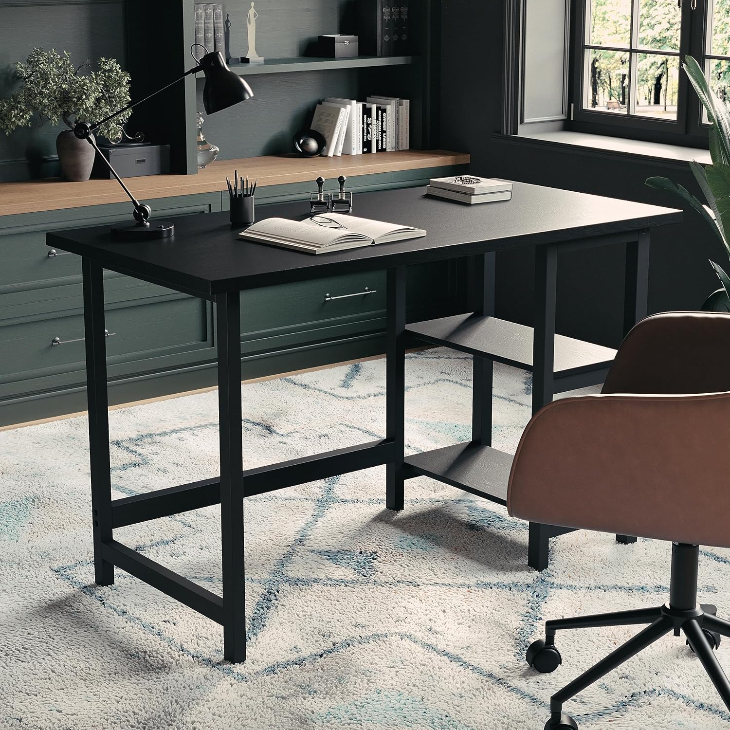 Martha Stewart Beckett – Escritorio de caballete moderno con estantes laterales abiertos en acabado de grano de madera negra